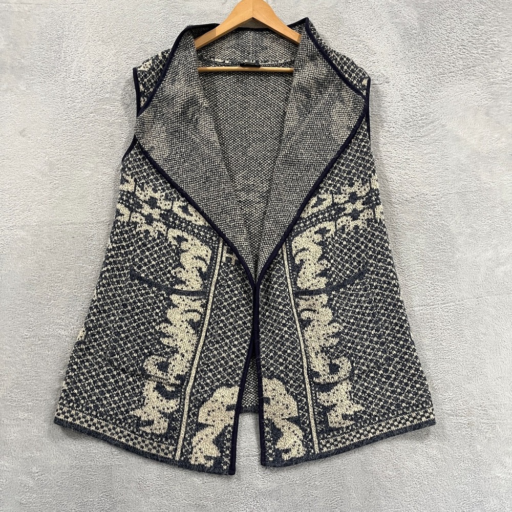 Yaira Boho Sweater Cardigan Vest Blue &‎ Oat Acrylic XL Knit Cottage Open